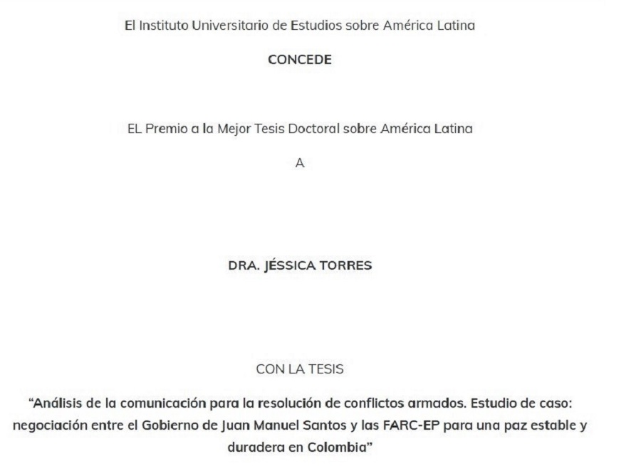 Jessica Fernanda Torres, Mejor Tesis Doctoral sobre América Latina